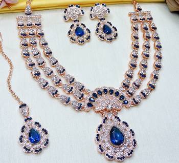 Blue rose gold premium designer american diamond and stone work necklace set 3
