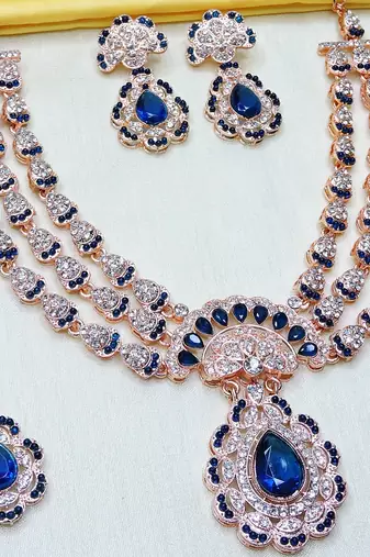 Blue rose gold premium designer american diamond and stone work necklace set