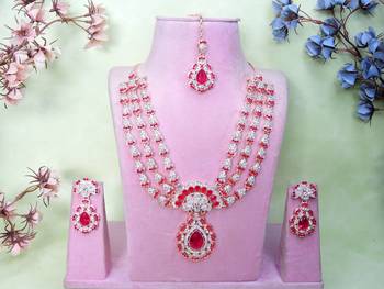 Pink rose gold premium designer american diamond and stone work necklace set 1
