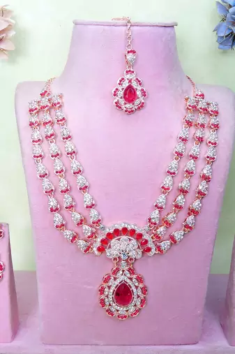 Pink rose gold premium designer american diamond and stone work necklace set