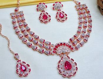Pink rose gold premium designer american diamond and stone work necklace set 2