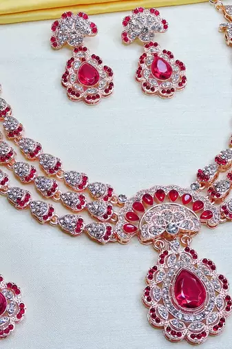 Pink rose gold premium designer american diamond and stone work necklace set