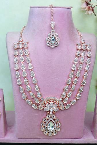 White rose gold premium designer american diamond and stone work necklace set