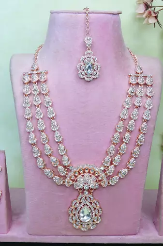White rose gold premium designer american diamond and stone work necklace set