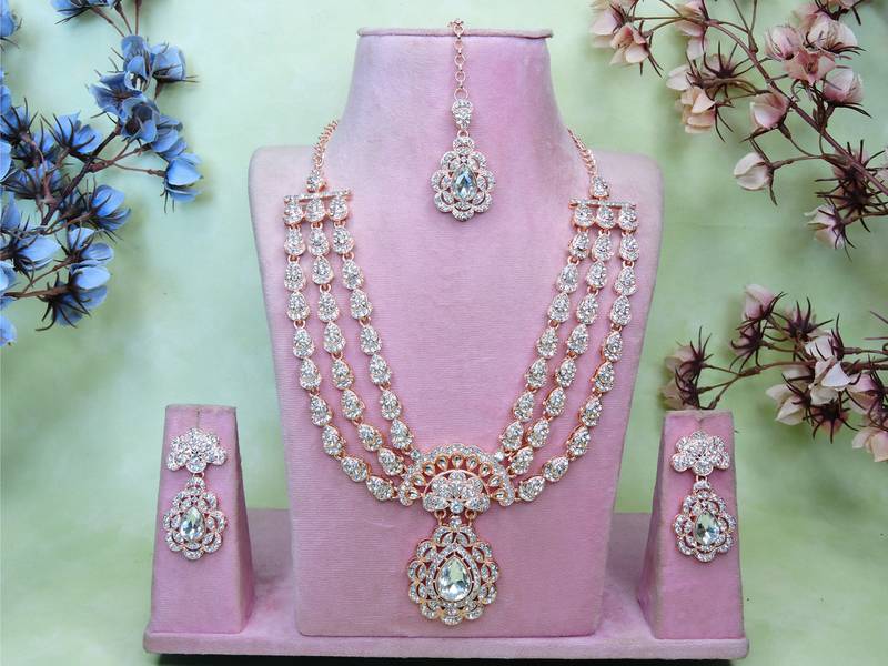 White rose gold premium designer american diamond and stone work necklace set
