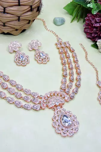 White rose gold premium designer american diamond and stone work necklace set