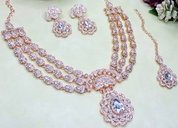 White rose gold premium designer american diamond and stone work necklace set 3