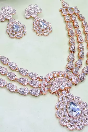 White rose gold premium designer american diamond and stone work necklace set
