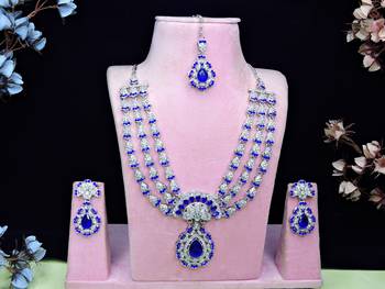Blue rhodium premium designer american diamond and stone work necklace set 1