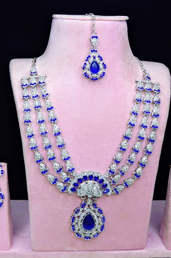 Blue rhodium premium designer american diamond and stone work necklace set