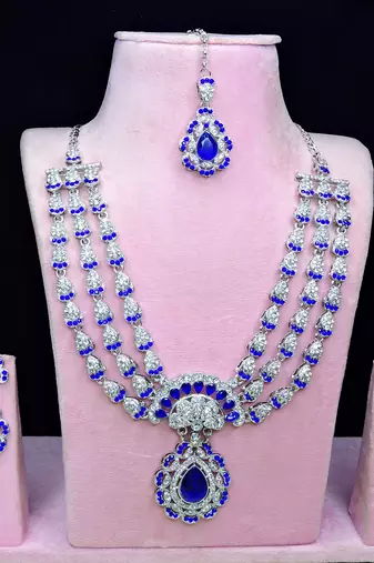 Blue rhodium premium designer american diamond and stone work necklace set