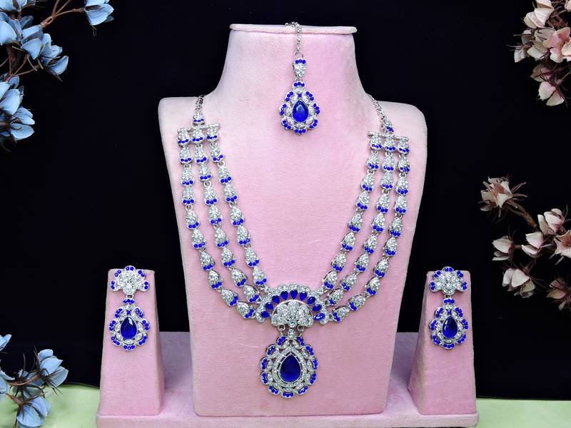 Blue rhodium premium designer american diamond and stone work necklace set