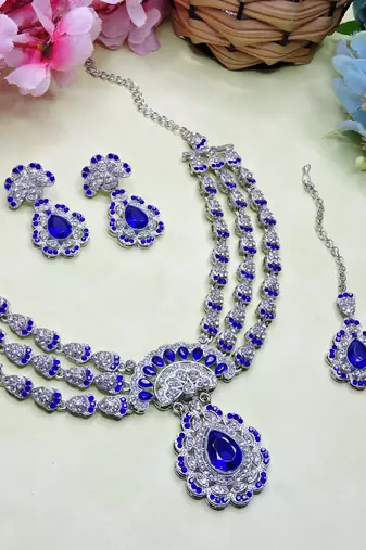 Blue rhodium premium designer american diamond and stone work necklace set