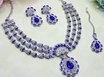 Blue rhodium premium designer american diamond and stone work necklace set 3