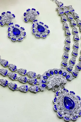 Blue rhodium premium designer american diamond and stone work necklace set