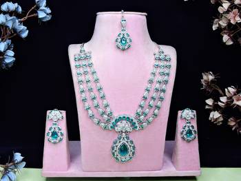 Green rhodium premium designer american diamond and stone work necklace set 1