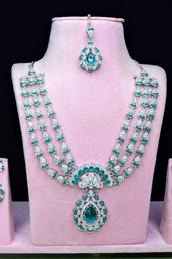 Green rhodium premium designer american diamond and stone work necklace set