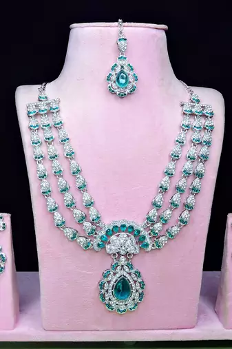 Green rhodium premium designer american diamond and stone work necklace set