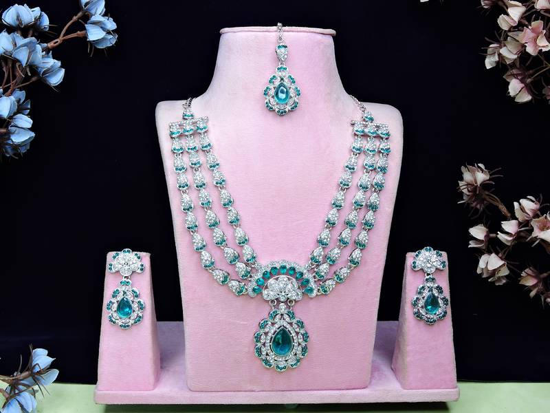 Green rhodium premium designer american diamond and stone work necklace set