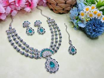Green rhodium premium designer american diamond and stone work necklace set 2