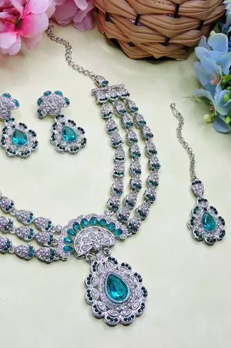 Green rhodium premium designer american diamond and stone work necklace set