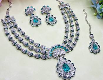 Green rhodium premium designer american diamond and stone work necklace set 3