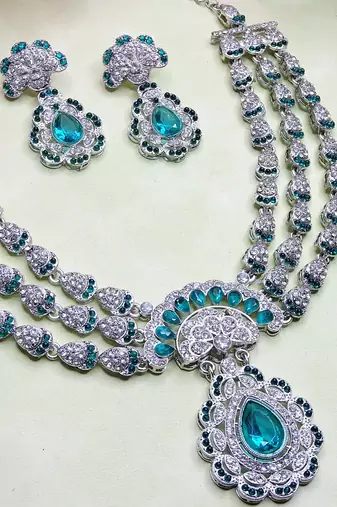 Green rhodium premium designer american diamond and stone work necklace set