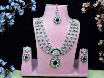 Green rhodium premium designer american diamond and stone work necklace set 1