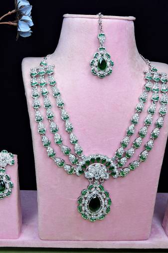 Green rhodium premium designer american diamond and stone work necklace set