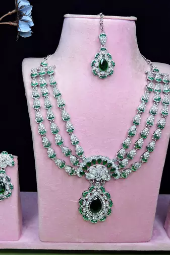 Green rhodium premium designer american diamond and stone work necklace set
