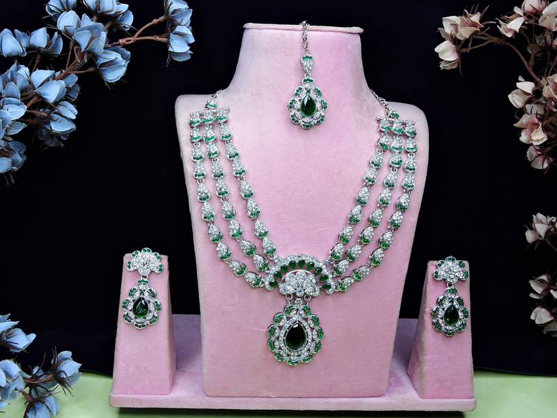 Green rhodium premium designer american diamond and stone work necklace set