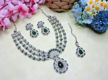Green rhodium premium designer american diamond and stone work necklace set 2