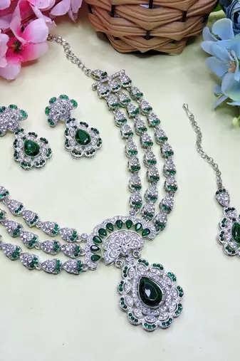 Green rhodium premium designer american diamond and stone work necklace set