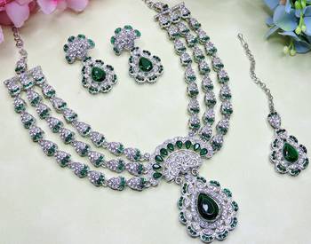 Green rhodium premium designer american diamond and stone work necklace set 3