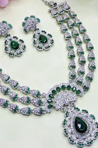 Green rhodium premium designer american diamond and stone work necklace set