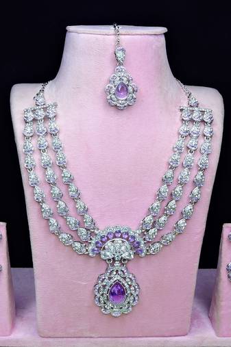 Purple rhodium premium designer american diamond and stone work necklace set