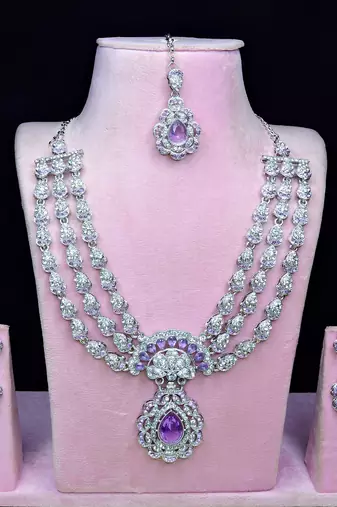 Purple rhodium premium designer american diamond and stone work necklace set