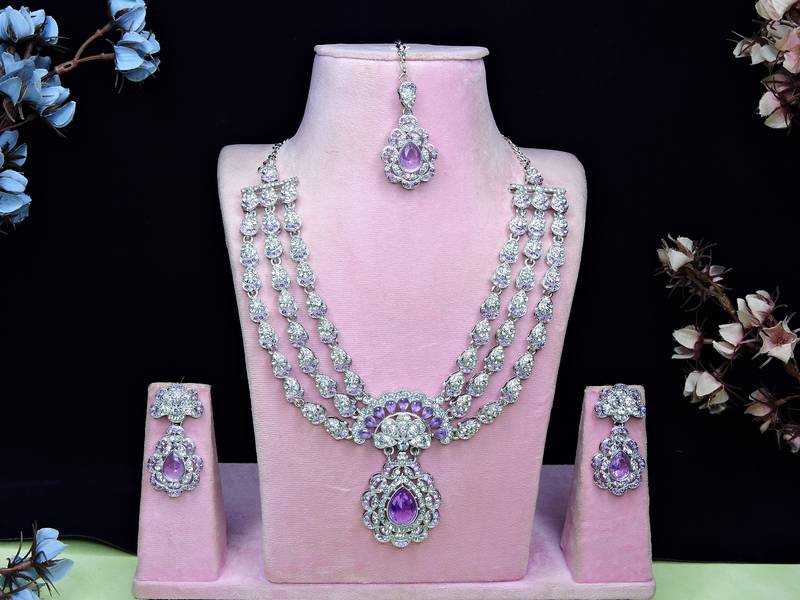 Purple rhodium premium designer american diamond and stone work necklace set