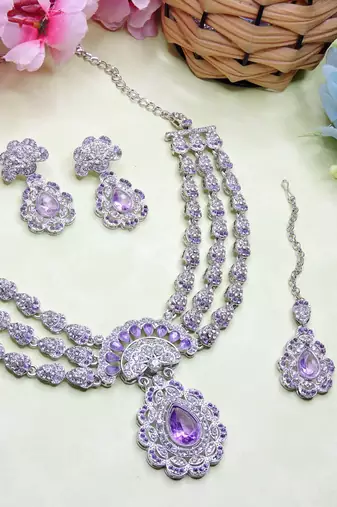 Purple rhodium premium designer american diamond and stone work necklace set