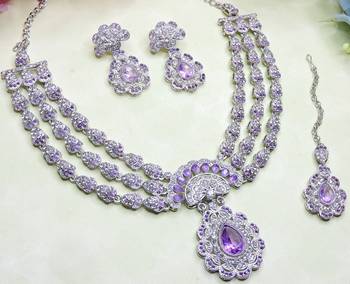 Purple rhodium premium designer american diamond and stone work necklace set 3