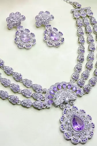 Purple rhodium premium designer american diamond and stone work necklace set