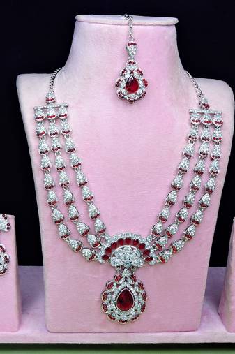Maroon rhodium premium designer american diamond and stone work necklace set