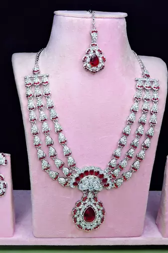 Maroon rhodium premium designer american diamond and stone work necklace set