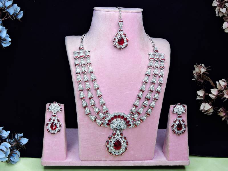 Maroon rhodium premium designer american diamond and stone work necklace set