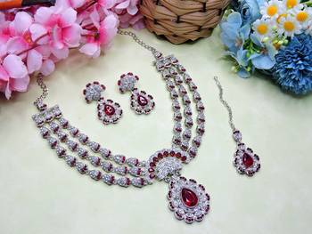Maroon rhodium premium designer american diamond and stone work necklace set 2