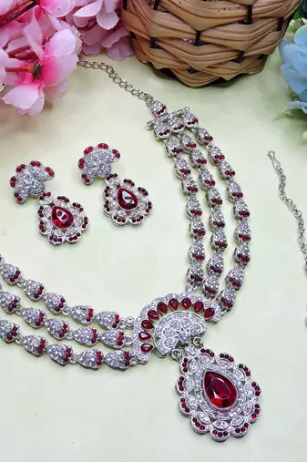 Maroon rhodium premium designer american diamond and stone work necklace set