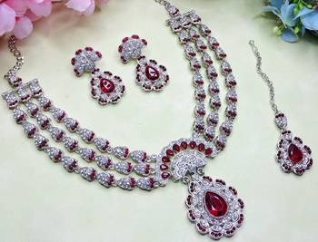Maroon rhodium premium designer american diamond and stone work necklace set 3