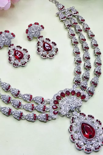 Maroon rhodium premium designer american diamond and stone work necklace set