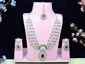 Green rhodium premium designer american diamond and stone work necklace set 1