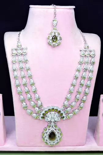 Green rhodium premium designer american diamond and stone work necklace set